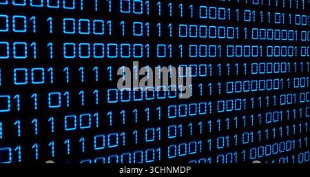 Displaying glowing binary code array forming grid on virtual screen, representing secure data Stock Photo