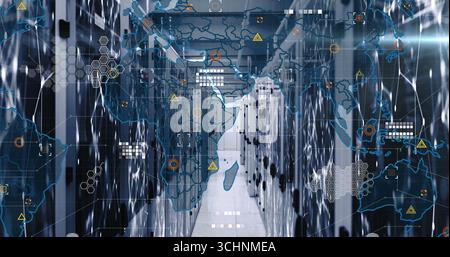 Illuminating server rack aisle in data center, flashing LED lights, network cables, overlay icons Stock Photo