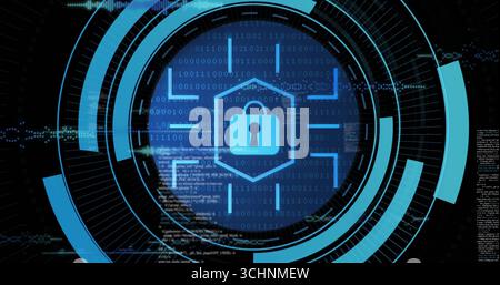 Displaying blue padlock icon within glowing hexagon on screen, with HUD rings and binary streams Stock Photo