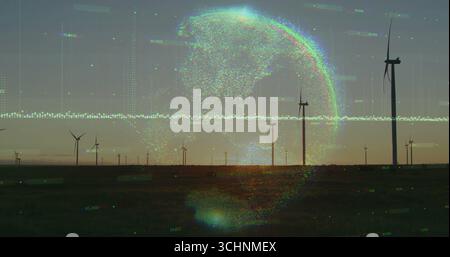 Displaying digital globe hologram hovering over wind turbines at dusk, with data points, code lines Stock Photo