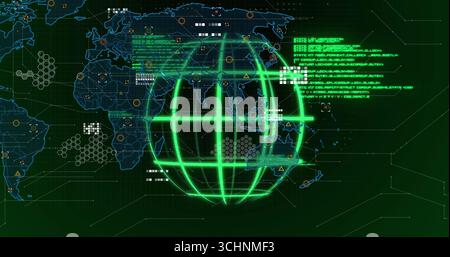 Green wireframe globe spinning on world map interface with code blocks, hex grids, icons, lines Stock Photo