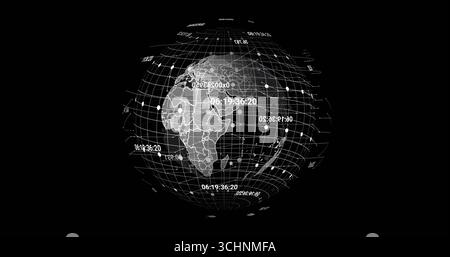 Rotating globe displaying lat-long grid in virtual interface, with floating timestamps and nodes Stock Photo