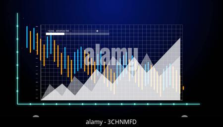 Displaying data chart showing overlays and orange blue bars on digital dashboard, with cyan axes Stock Photo
