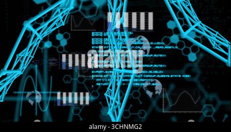 Displaying interface showing cyan wireframe helices in virtual field with code and hex patterns Stock Photo