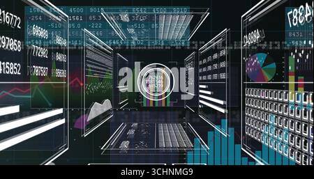 Floating central circular data panel displaying gauges and charts in virtual corridor, with screens Stock Photo