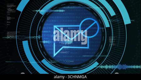 Displaying envelope icon showing prohibition sign in virtual dashboard, with binary code overlay Stock Photo