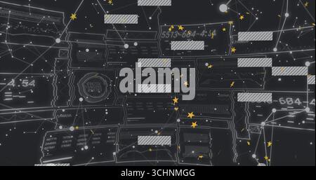 Displaying data network diagram showing nodes, striped code blocks, and star icons in virtual space Stock Photo