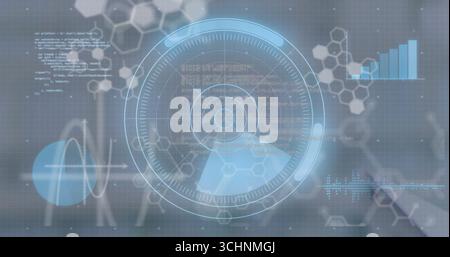 Displaying futuristic holographic interface overlaying graphs at desk, with HUD, molecular hexagons Stock Photo
