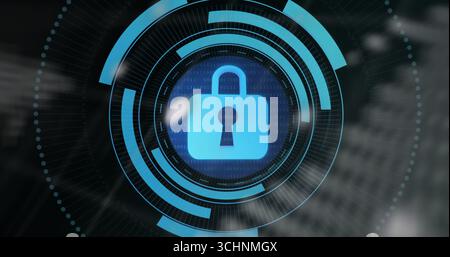 Showing blue padlock icon hovering over security interface, with UI arcs and binary code streams Stock Photo