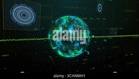 Rotating glowing digital sphere with mesh particles in data interface, numeric labels and waveform Stock Photo
