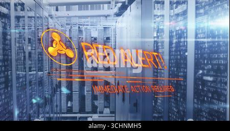 Displaying digital warning overlay over server racks in data center, with LEDs and network cables Stock Photo