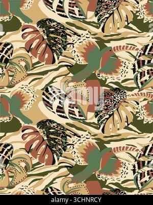 Abstract creative seamless pattern with tropical plants and artistic background,ethnic,leaves,leaf,seamless pattern Stock Vector