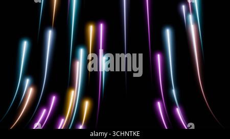 Vertical glowing neon streaks in purple, blue, and gold on black backdrop representing digital data streams and fast-moving light particles Stock Photo