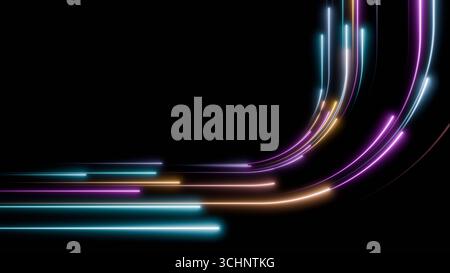 Glowing neon light trails descending vertically in curved streams, symbolizing digital speed, motion and data flow on a black background Stock Photo