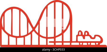 Linear red drawing of a coaster track with hills and a tiny train moving along the rails. Stock Vector