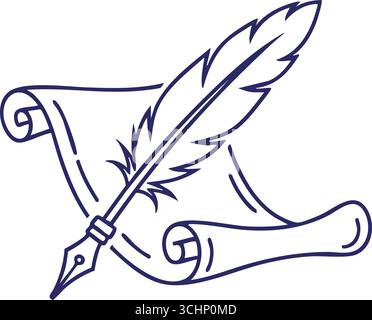 Detailed feather quill resting on a curled scroll drawn in blue lines for classic writing themes. Stock Vector