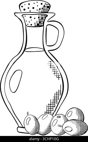 Bottle of olive oil with an olive sprig. Olive oil bottle composition. Vector graphic line ink Black and white illustration. Olive oil, bottle, branch Stock Vector