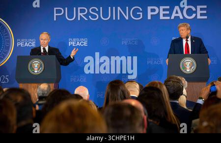 ANCHORAGE, ALASKA, USA - 15 August 2025 - US President Donald Trump with Russian President Vladimir Putin at a press conference in Anchorage, Alaska, Stock Photo