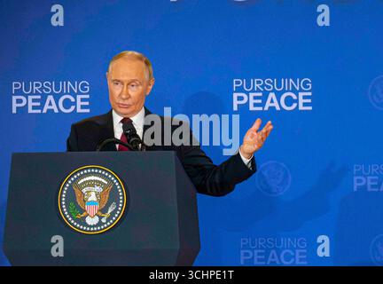 ANCHORAGE, ALASKA, USA - 15 August 2025 - US President Donald Trump with Russian President Vladimir Putin at a press conference in Anchorage, Alaska, Stock Photo