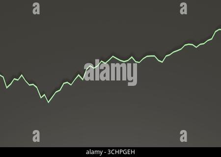 Clean 3D-style green line chart with shadow on dark background, representing growth, uptrend, performance, or financial increase. Stock Photo