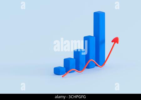 Blue 3D bar chart with a red arrow rising across the bars. Represents financial growth, analytics, positive trend, success, or business performance. Stock Photo