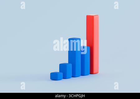 3D illustration of a blue and red bar chart on light background, showing contrast or comparison in data performance, growth or competition. Stock Photo