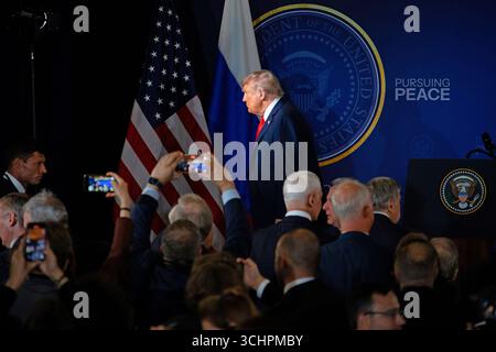 ANCHORAGE, ALASKA, USA - 15 August 2025 - US President Donald Trump with Russian President Vladimir Putin at a press conference in Anchorage, Alaska, Stock Photo
