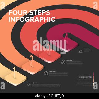 A dark, modern  four-step infographic diagram with 3D numbered stages from 1 to 4, ideal for presentations. This four-step infographic template showca Stock Vector