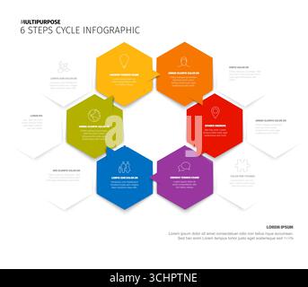 A vibrant six-step cycle infographic displays a circular flow with hexagonal elements and icons. This cycle infographic visually represents a process Stock Vector