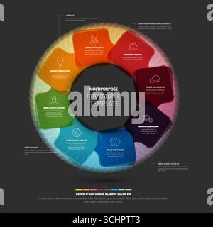 A dark, multipurpose infographic template designed as a circle with eight colorful sections for presenting information. This infographic template is i Stock Vector