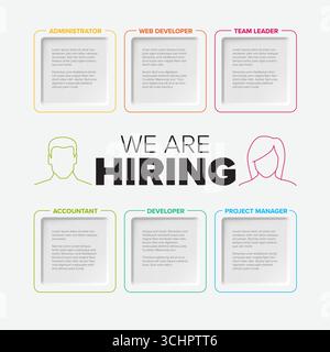 This 'We Are Hiring' banner features multiple job roles such as Administrator, Developer, Leader, Accountant, and Project Manager. Each job role inclu Stock Vector