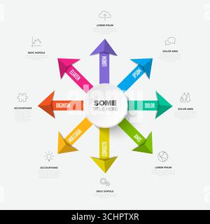 A vibrant infographic template with a central circle and eight colorful arrows pointing outwards. This versatile infographic is perfect for presenting Stock Vector