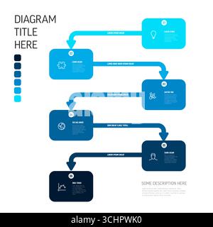 A modern blue gradient flowchart diagram with six interconnected steps, each represented by labeled rectangular shapes and arrows for process explanat Stock Vector