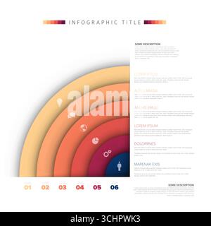 A vibrant layered circular infographic design featuring six levels marked with icons, gradients, and descriptions. The clean layout is ideal for prese Stock Vector