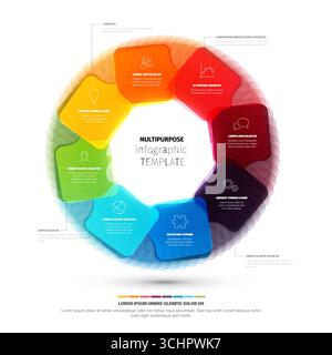 A vibrant circular infographic template with multicolor sections, useful for data visualization and presentations. The design features icons, text pla Stock Vector