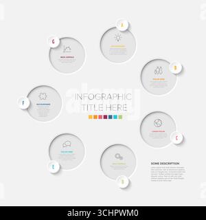 A circular infographic template with seven labeled sections arranged around a center. Each section contains icons and text placeholders for presenting Stock Vector