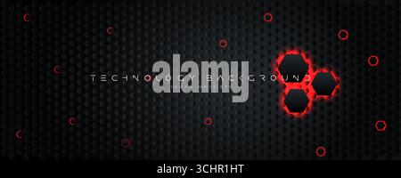Futuristic cyber background with 3D hexagon mesh, glowing red neon highlights. Ideal for tech presentations, cybersecurity, digital UI, sci-fi Stock Vector