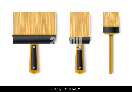 Repair tools. House construction equipment. Professional repairman painting brush bristle. Carpentry roller. Decorator instrument. Building renovation. Industrial work. Vector realistic objects set Stock Vector