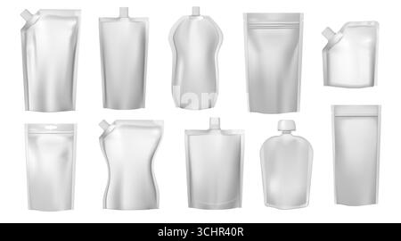 Pouch package. Sauce daypack. Bottle cap or food sachet. Shampoo dry pack. Blank clear detergent bag. White container pack. Merchandise wrap packet. Disposable wrapper. Vector packaging mockups set Stock Vector