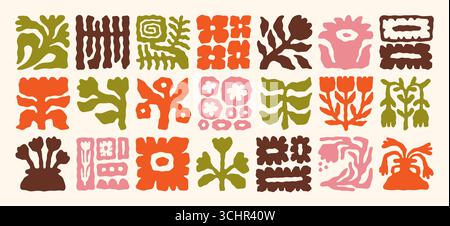 Nature patterns. Abstract plant leaf shape. Green water flower design elements or modern leaves ornaments. Flat square blossoms. Floral irregular minimal forms. Vector Matisse color silhouettes set Stock Vector