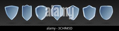 Protect shield. 3D clear glass secure guard. Metal safety badge. Crystal clean safeguard. Protective immune. Antivirus defense. Plexiglass armor on transparent background. Vector protection icons set Stock Vector