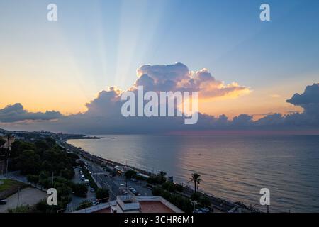 aerial view of a spectacular sunrise onver Montgat city in the Costa brava coast in Catalonia in Spain Stock Photo
