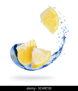 Sliced pieces of lemon with splashes of fresh water close-up on white background Stock Photo