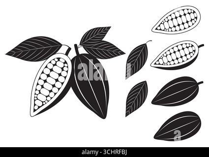 Fresh Cocoa Fruits, Cacao Beans, Cocoa Pod. Vector Illustration Isolated on White Background. Stock Vector