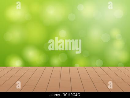 Wooden table with Abstract Green Natural background During Spring Time. Vector Illustration. Stock Vector