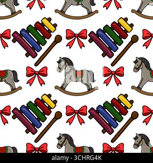 Seamless vector pattern featuring charming illustrations of rocking horses, xylophones, and red bows, creating a playful and festive design ideal for Stock Vector