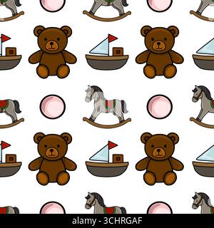 Seamless vector pattern featuring adorable cartoon teddy bears, rocking horses, and toy sailboats, interspersed with pink circles, creating a playful Stock Vector