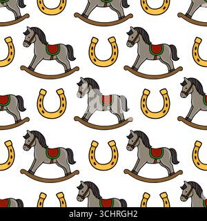 Seamless vector pattern featuring charming gray rocking horses and golden horseshoes, creating a playful and nostalgic design perfect for childrens pr Stock Vector