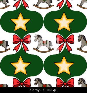 Seamless vector pattern featuring a charming Christmas design with rocking horses, red bows, and golden stars on a green background, ideal for festive Stock Vector