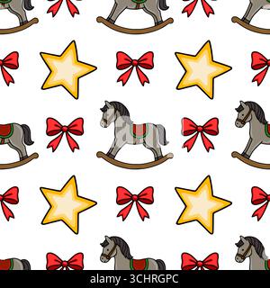 Seamless vector pattern featuring charming hand-drawn rocking horses, festive red bows, and golden stars, perfect for Christmas or childrens themed de Stock Vector